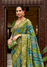 Green Velvet Tussar Silk Floral Print Saree-3870
